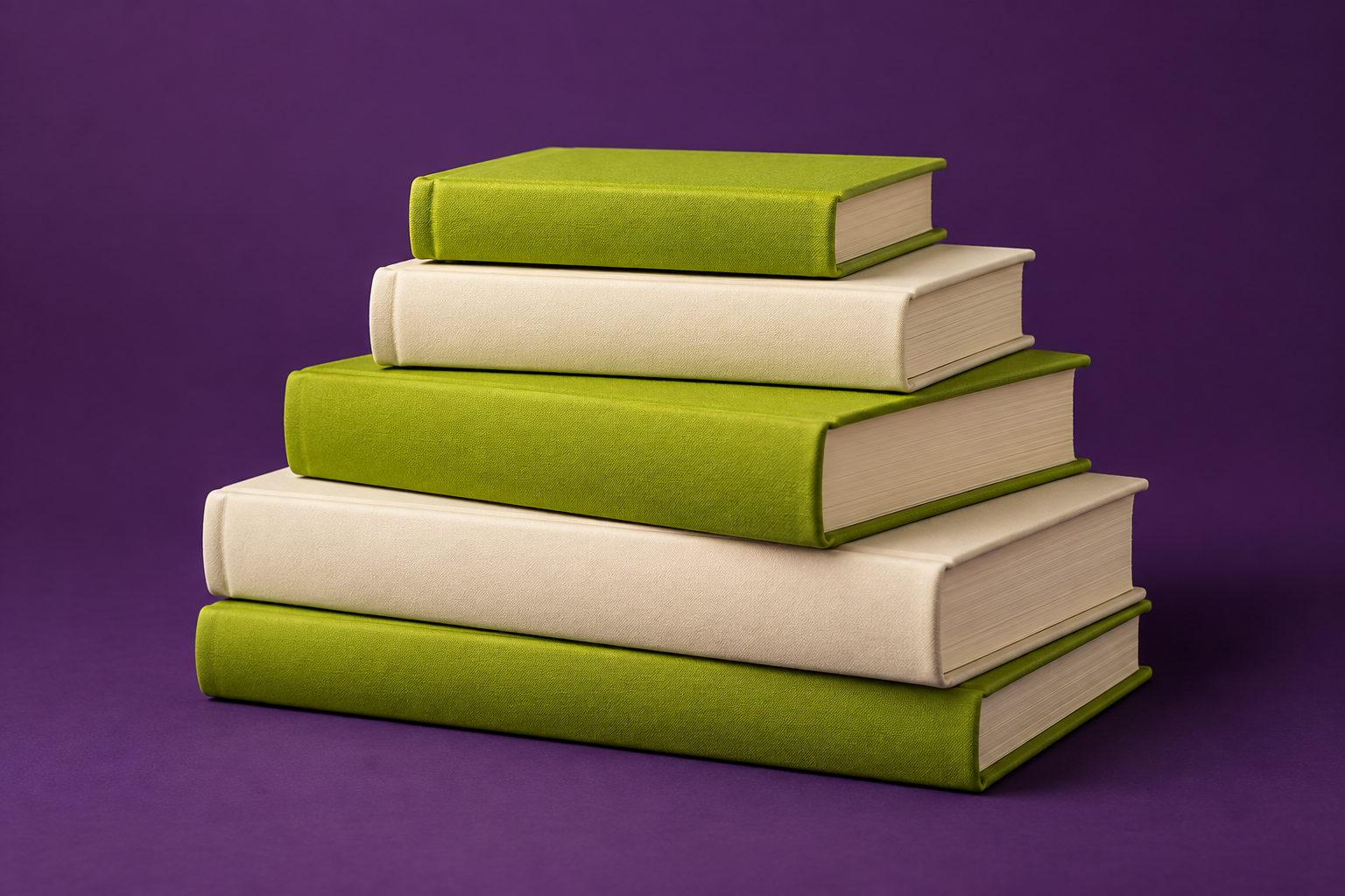 A thoughtfully arranged stack of green and cream hardcover books